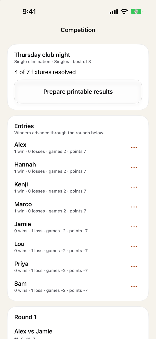 A Thursday club night single-elimination competition with eight entries, their records and a Prepare printable results button