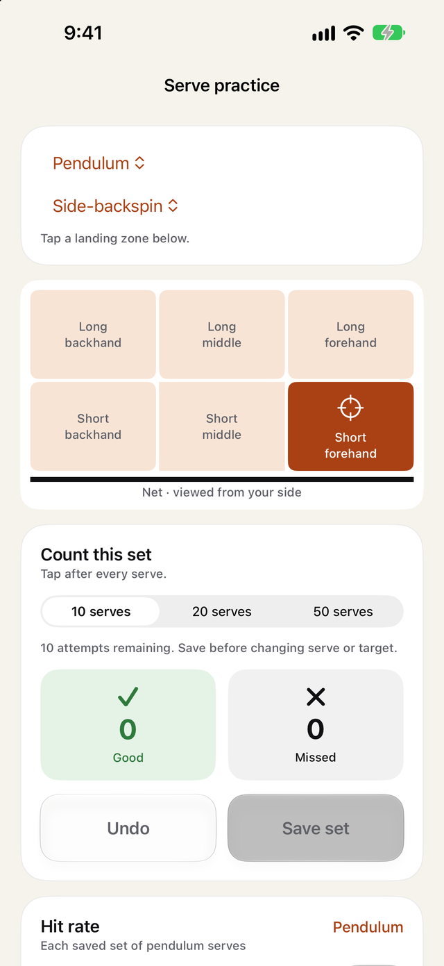 Serve practice for a pendulum side-backspin serve aimed at the short forehand zone, with a set of 10 serves to count
