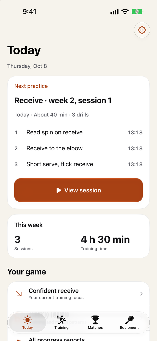 Ponger's Today screen with the next practice, receive week 2 session 1, its three drills, a View session button and this week's 3 sessions and 4 h 30 min of training
